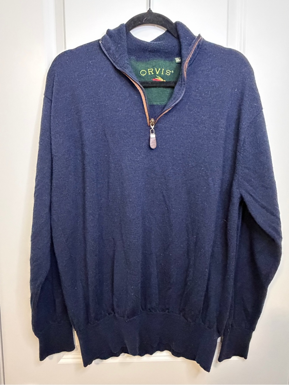 Orvis Mens Navy Zip Neck Sweater with Contrast Trim Wool